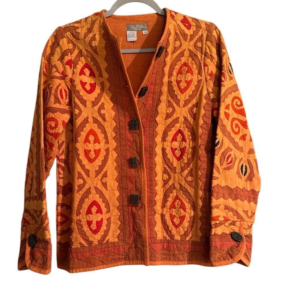 The Territory Ahead Women's Quilted Pieced Aztec Boxy Jacket Brown Orange XS